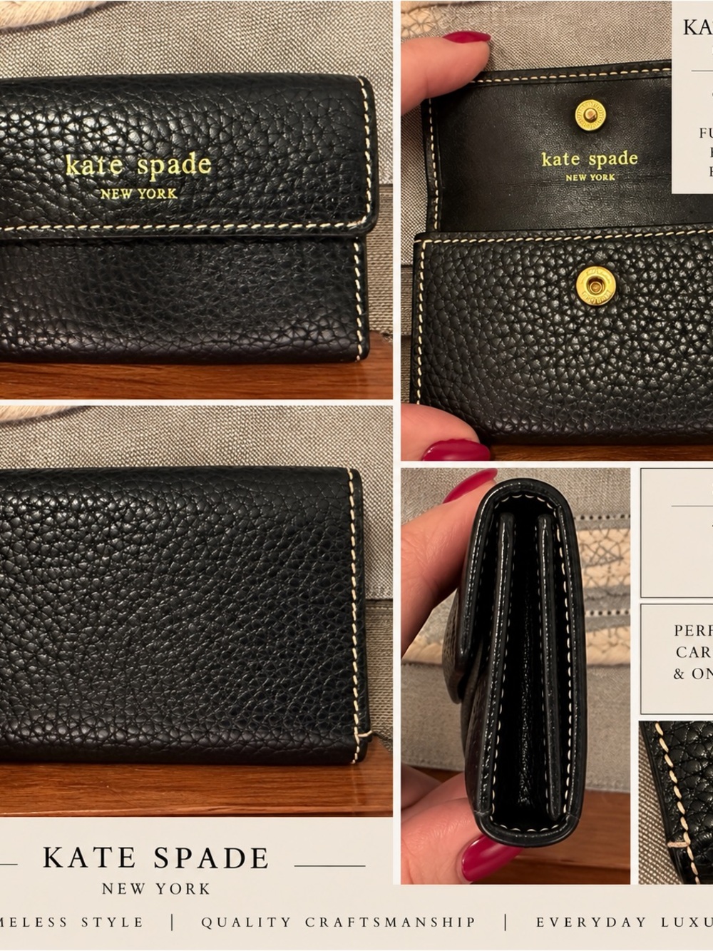 Kate Spade Black Pebbled Business Card Holder Compact with Gold Logo